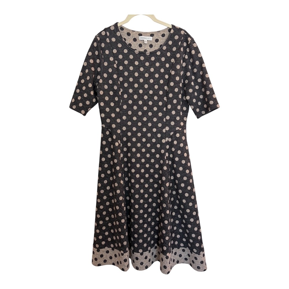 Robbie Bee Women Gray Navy Polka Dot Fit Flare Dress Short Sleeve L Retro Pinup
